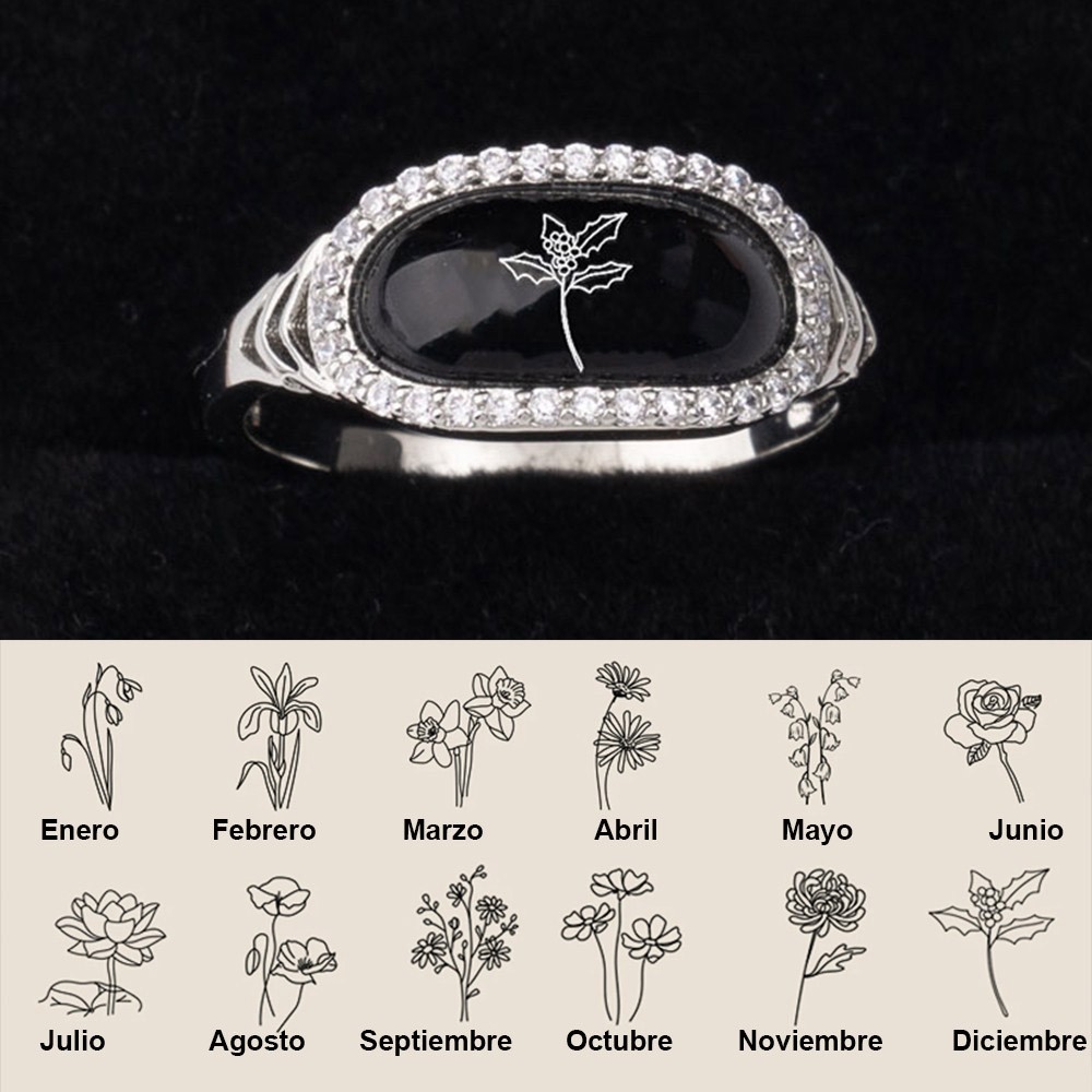 Anillo personalizado de flores de nacimiento de concha negra, regalo de cumpleaños único para mamá, abuela, ideas de regalos para el día de la madre