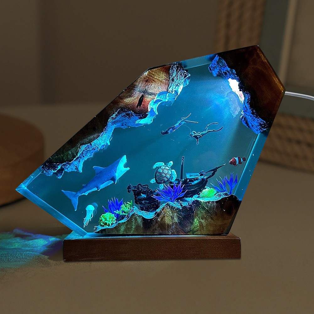 Gran tiburón blanco y tortuga pareja buzos lámpara de madera de resina regalos de Navidad ideas de regalos de cumpleaños