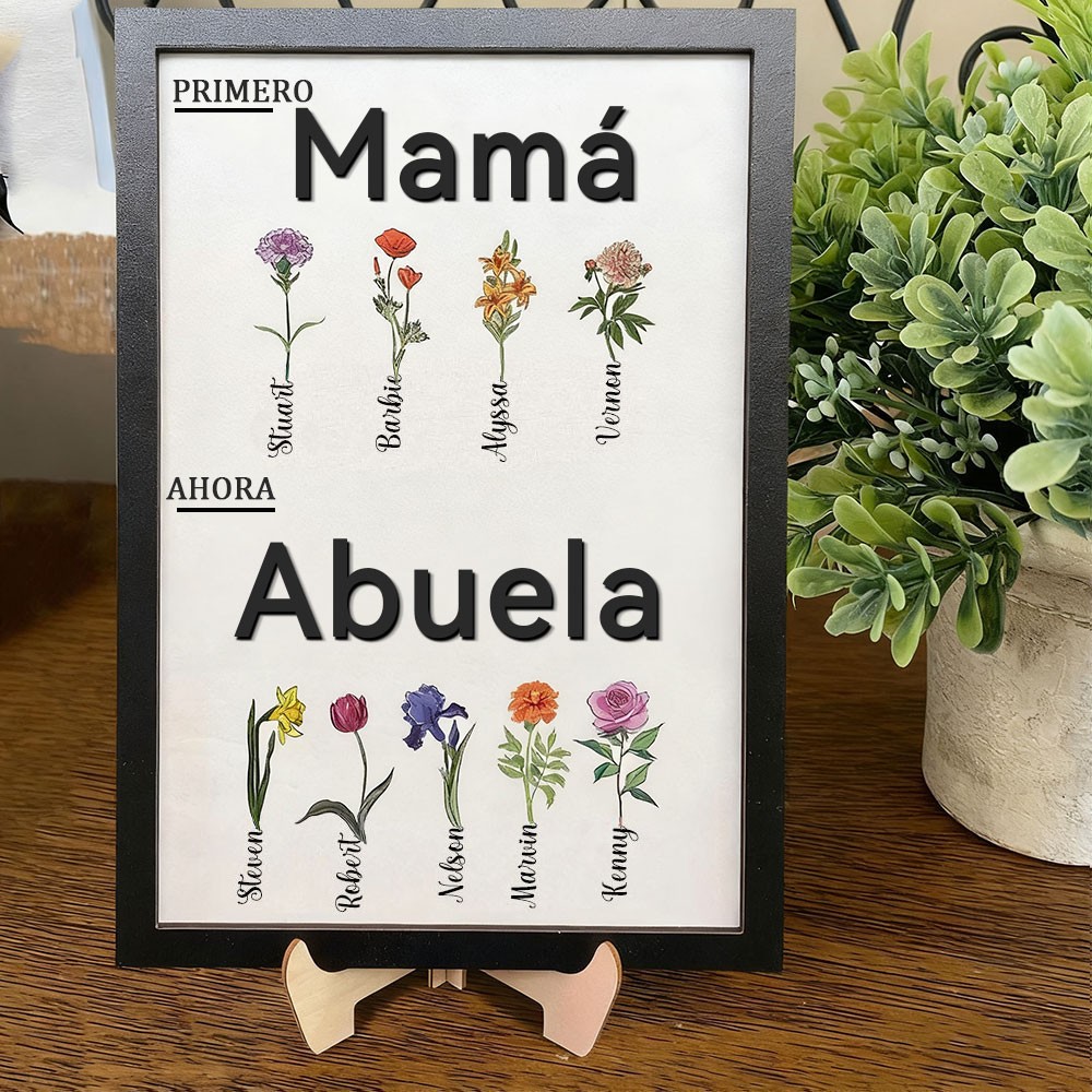 Marco de madera personalizado con acuarela de flor de nacimiento, 'Primero Mamá, Ahora Abuela', con nombres. Un regalo de cumpleaños único para mamá o abuela. Ideas de regalo para el Día de la Madre.