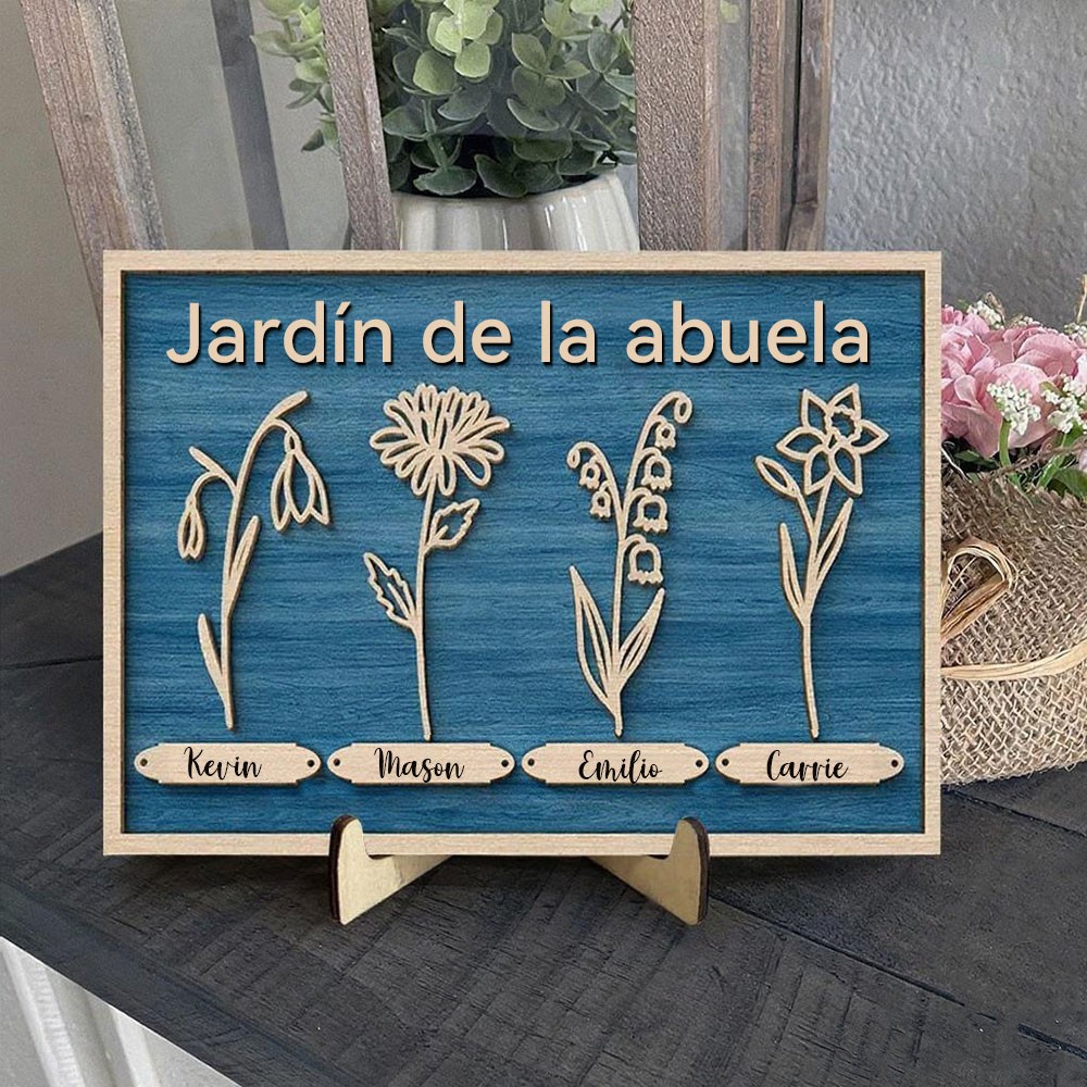 Letrero de marco de madera personalizado con flores de mes de nacimiento del jardín de la abuela, con nombres de los nietos. Regalos familiares para mamá, abuela. Ideas únicas de regalos para el Día de la Madre.
