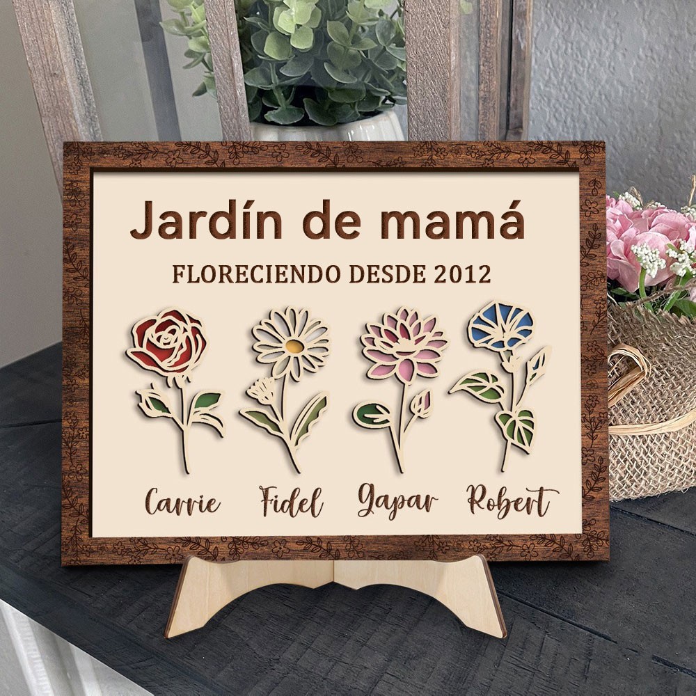 Marco de madera personalizado con flores de nacimiento "Jardín de Mamá en Flor" y nombres de los niños - Regalos familiares únicos para mamá, abuela, ideas de regalos para el Día de la Madre.