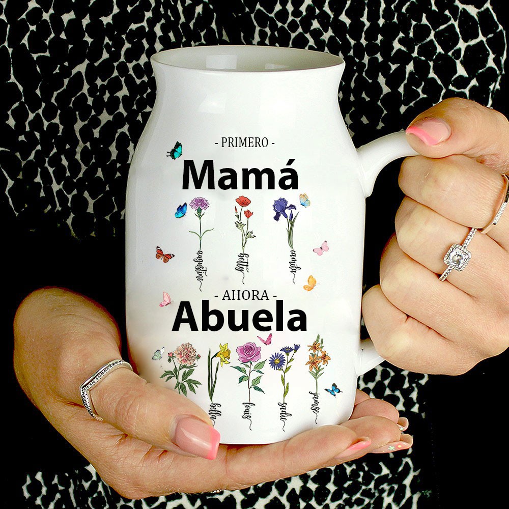 Impresión artística personalizada "Primera mamá, ahora abuela", jarrón de flores de nacimiento con nombres de niños, regalo único de recuerdo familiar para mamá, abuela, ideas de regalos para el Día de la Madre