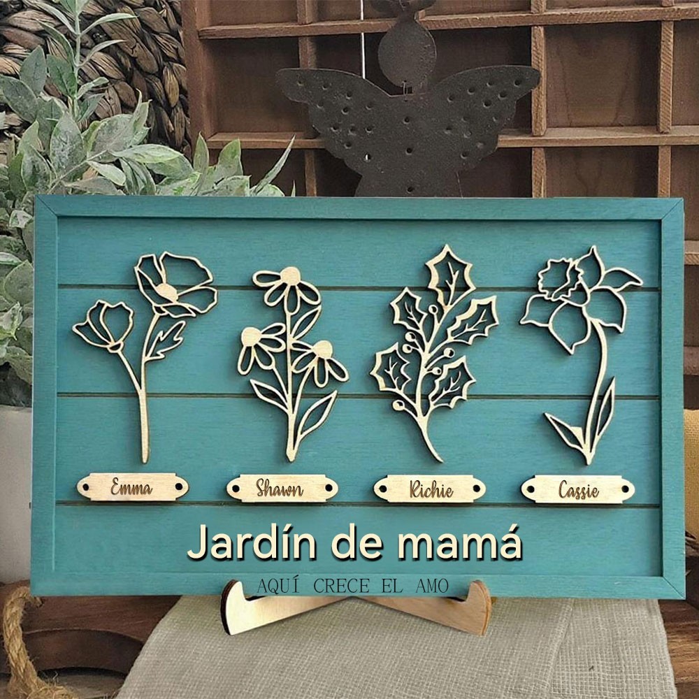 Letrero Personalizado de Marco de Flores de Nacimiento de Madera "El Jardín de la Abuela" con Nombres de Nietos - Regalo Único de Cumpleaños para Mamá, Abuela, Regalo del Día de la Madre