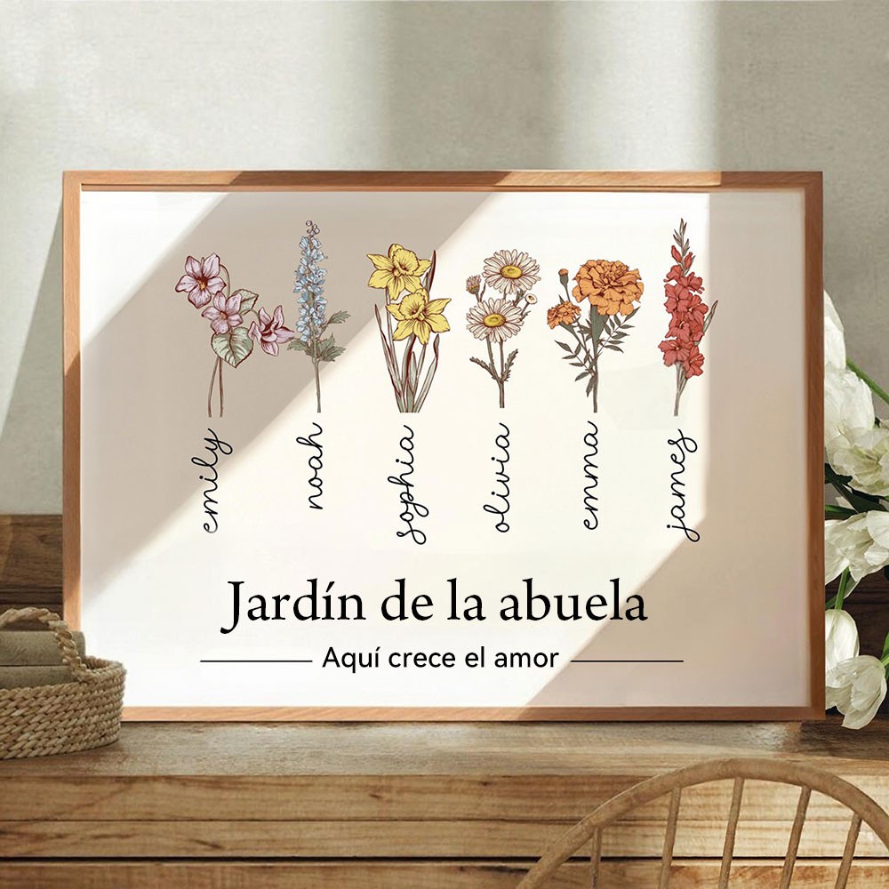 Cuadro Personalizado "El Jardín de la Abuela" con Flores de Nacimiento y Nombres de los Nietos – Regalos Personalizados de Cumpleaños para Mamá o Abuela, Ideas de Regalos de Navidad.