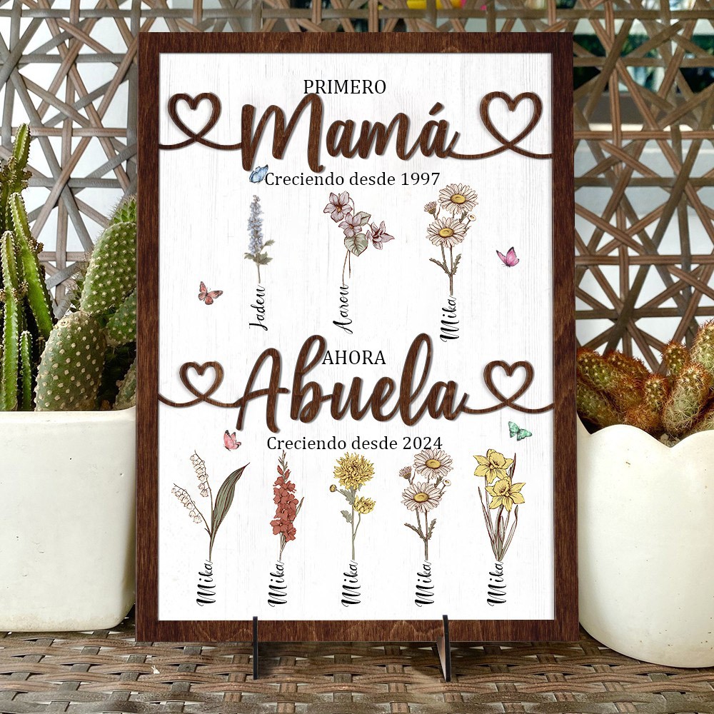 Impresión personalizada 'Primera mamá, ahora abuela' con flores de nacimiento, cartel en marco de madera con los nombres de los niños. Arte familiar único, regalo de cumpleaños para mamá/abuela, ideas de regalos para el Día de la Madre.
