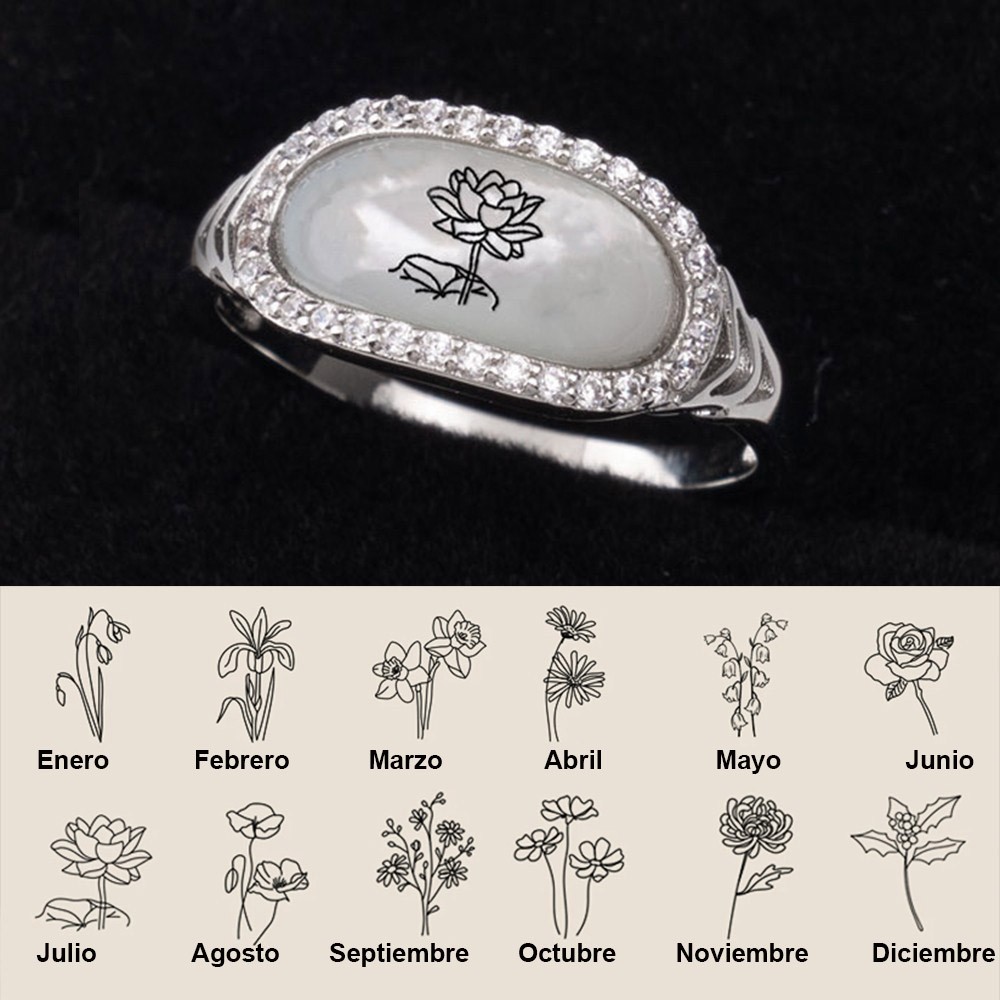 Anillo personalizado de flores de nacimiento de concha, regalo familiar único para mamá, abuela, ideas de regalos para el día de la madre