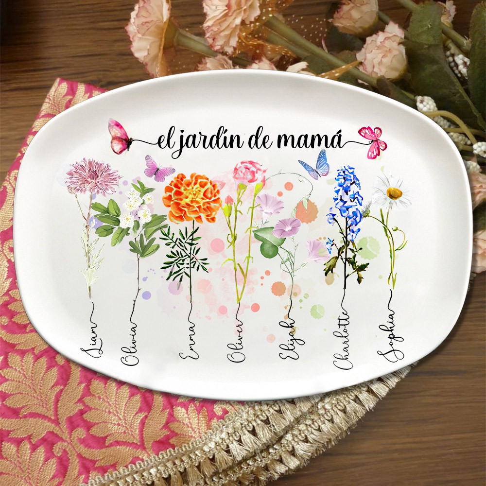 Bandeja familiar personalizada 'Jardín de la Madre' impresa con los nombres de los niños y las flores de nacimiento. Un regalo de cocina único para mamá y abuela, regalo de cumpleaños para una nueva mamá, ideas de regalos para el Día de la Madre