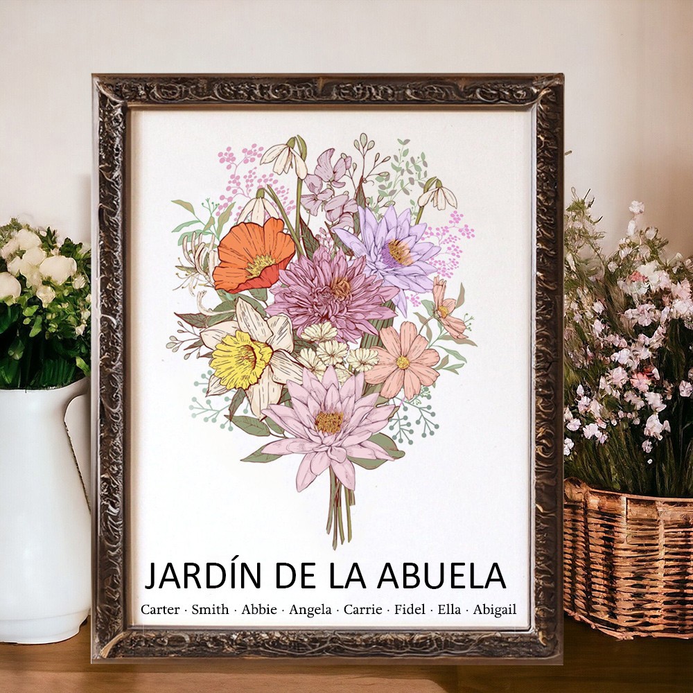 Jardín de la Abuela: Marco Personalizado de Ramo de Flores de Mes de Nacimiento con Nombres de Nietos. Regalo para el Día de la Madre, Regalo Único de Recuerdo para Mamá y Abuela, Regalo de Navidad.