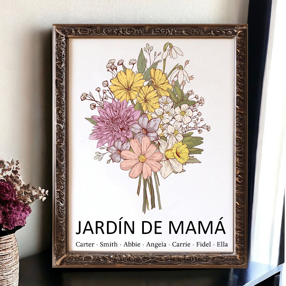 Señal de marco de ramo de flores de nacimiento de jardín de mamá de arte personalizado con nombres de niños, regalos familiares únicos para mamá, abuela, regalo de Navidad
