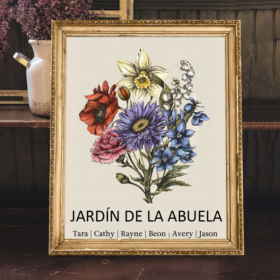 Retrato de Acuarela Personalizado: Ramo de Flores de Cumpleaños del Jardín de la Abuela con Nombres de los Nietos - Regalo Único de Cumpleaños o Navidad para Mamá o Abuela.