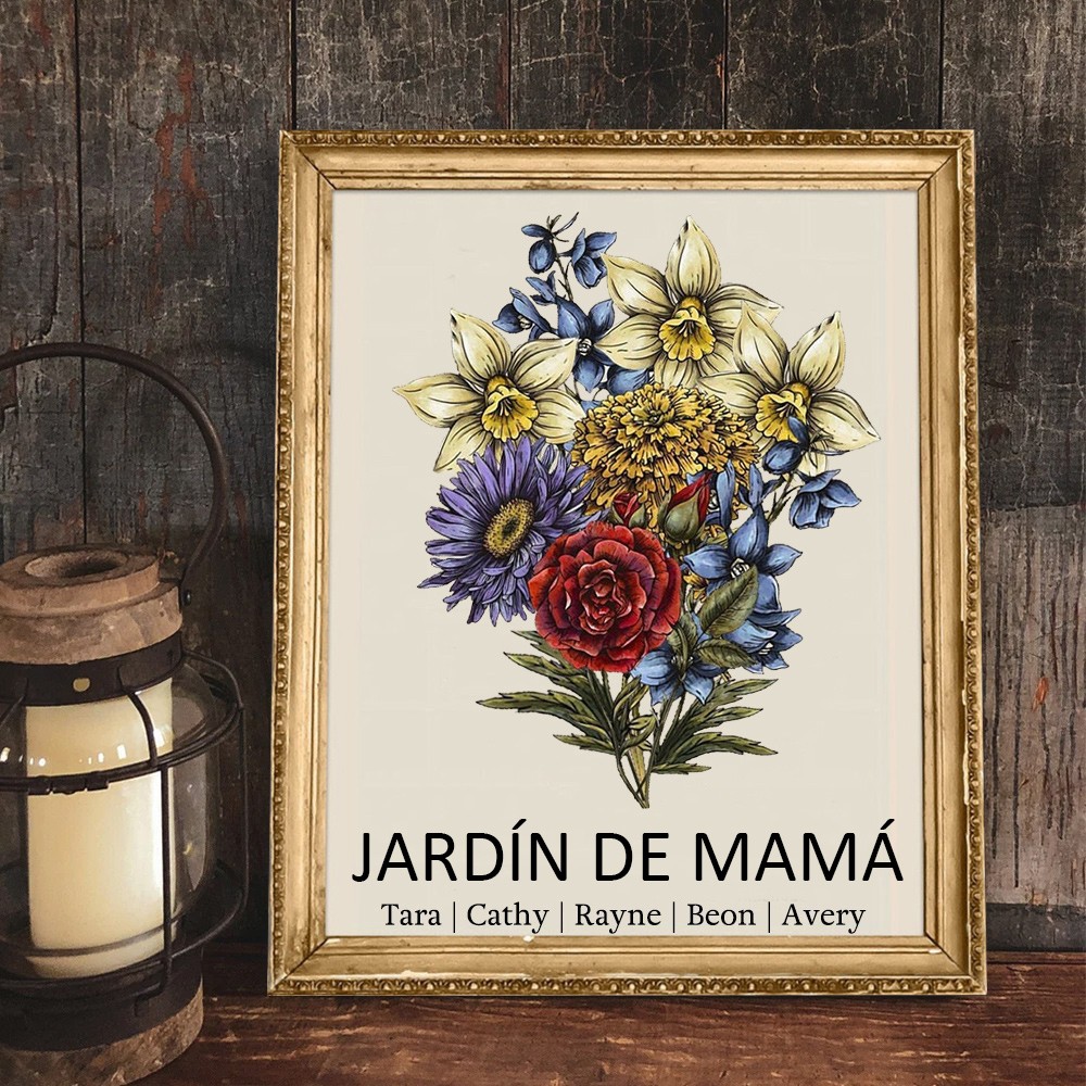 Marco de Ramo de Flores de Nacimiento Personalizado 'Jardín de Mamá' con Nombres de los Niños – Regalos Familiares Personalizados para Mamá, Abuela – Ideas de Regalo para Cumpleaños y Navidad