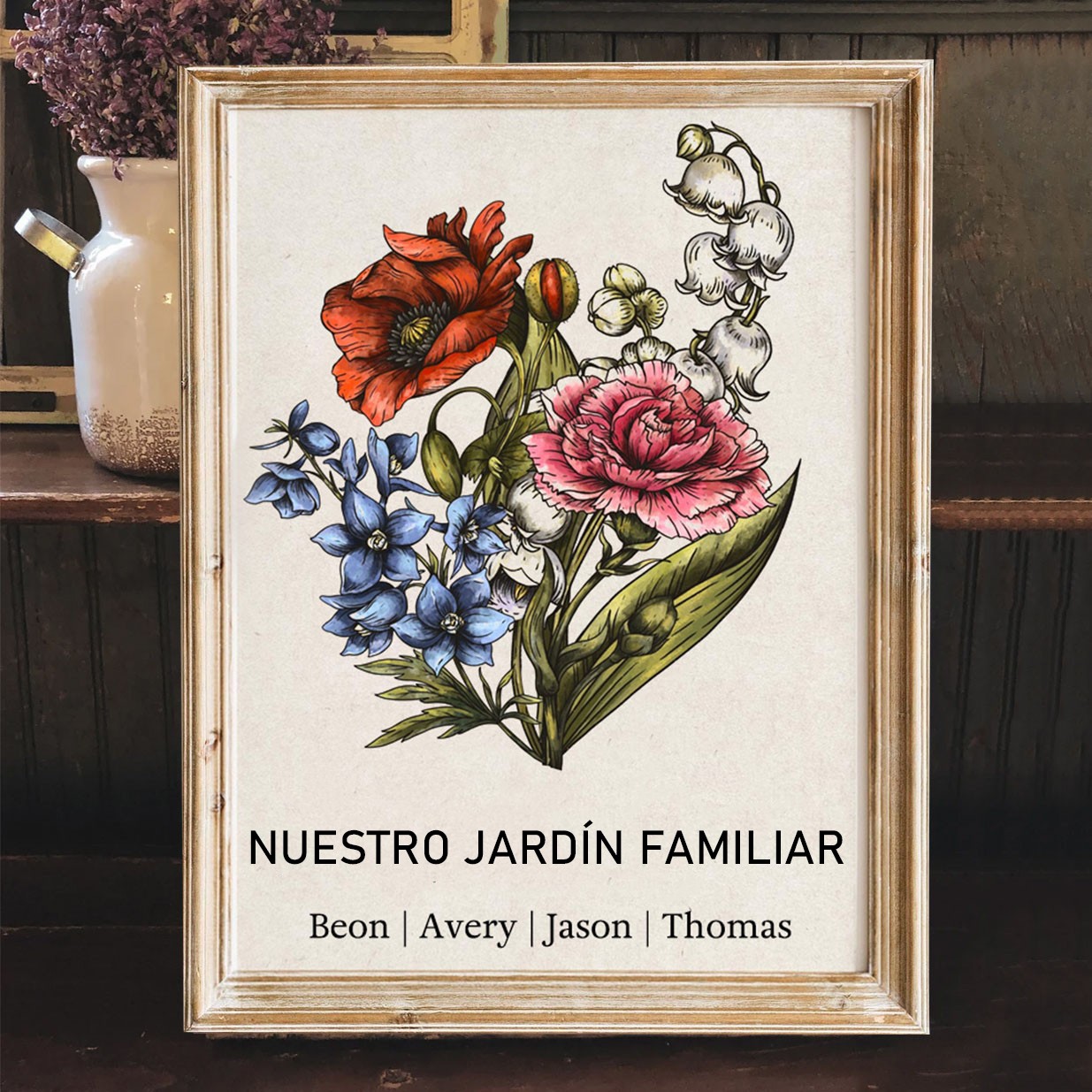 Marco de Flores de Ramo de Mes de Nacimiento con Nombres de Niños, Regalo Personalizado 'El Jardín de Mamá' de Nuestra Familia, Regalos Únicos para Mamá y Abuela, Ideas de Regalos Significativos para Navidad.