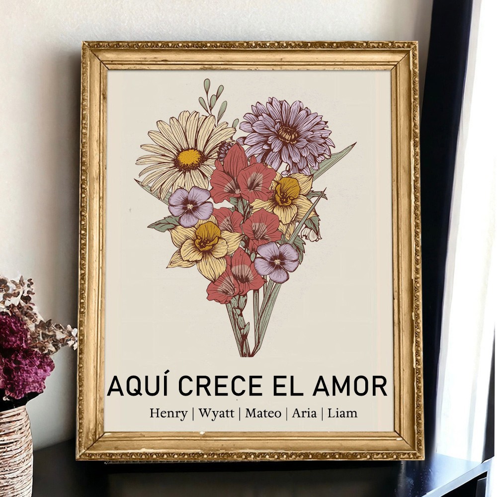 Lámina de Arte Personalizada "El Amor Crece Aquí" con Ramo de Flores de Nacimiento, Marco y Letrero. Regalos Familiares Únicos para Mamá, Abuela. Recuerdo. Regalo de Navidad.