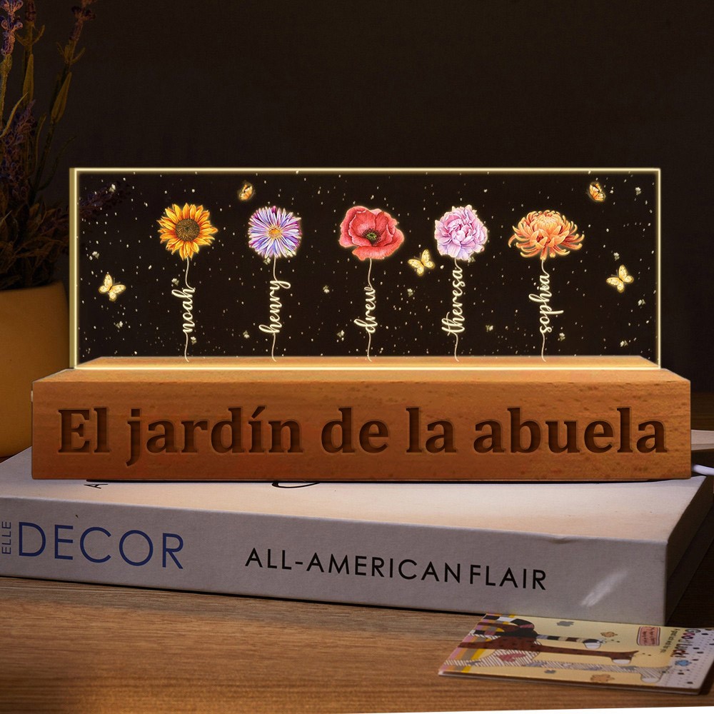 Luz de noche de madera con flor de nacimiento en el jardín de la abuela personalizada, regalo único para mamá, abuela, ideas de regalos para el día de la madre