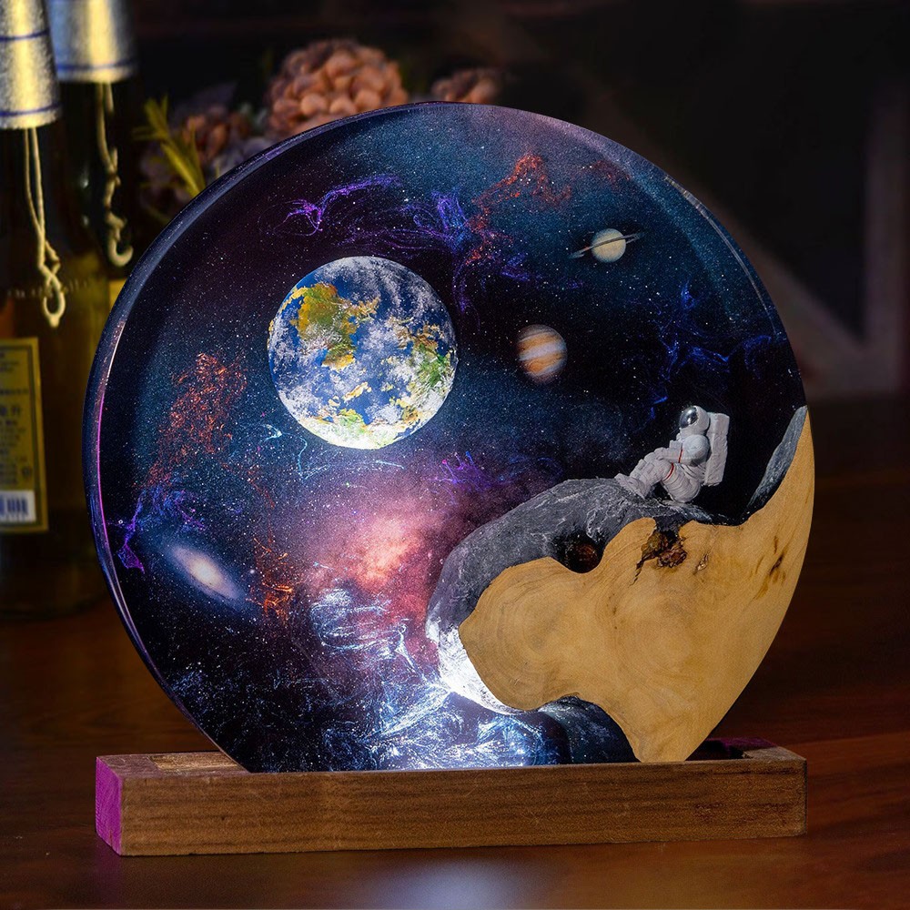 Lámpara de madera de resina epoxi de astronauta espacial, luz nocturna hecha a mano, ideas de regalos de Navidad