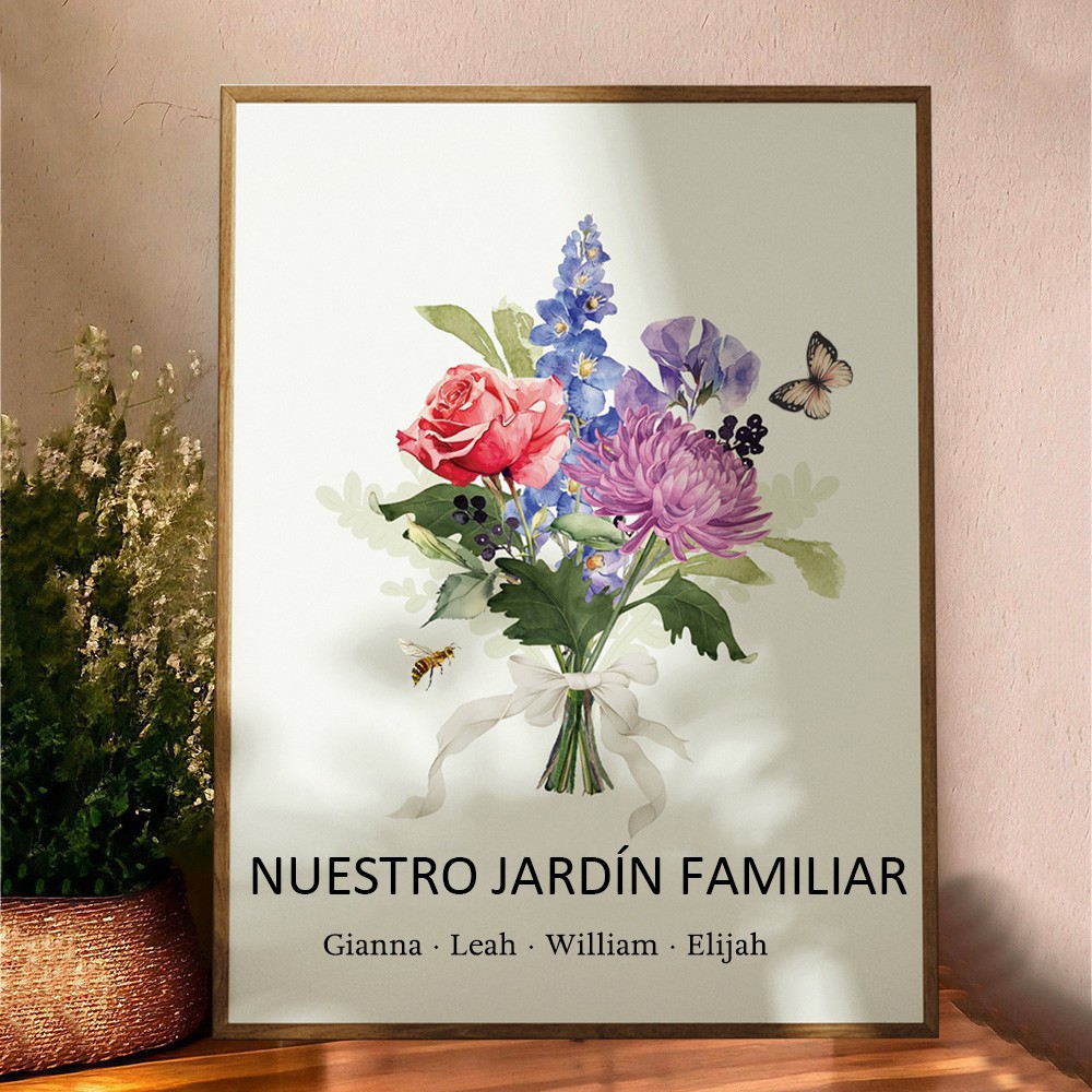 Letrero personalizado con marco de ramo de flores de nacimiento "Nuestro Jardín Familiar" con nombres de niños, regalos de recuerdo familiar para mamá y abuela, ideas únicas de regalos de Navidad.