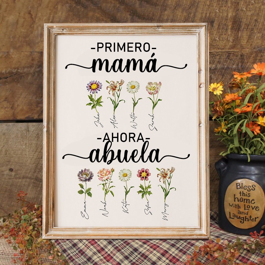 Primer regalo de mamá, ahora abuela, marco de madera personalizado con la flor del mes de nacimiento y los nombres de los niños. Regalo único de cumpleaños para mamá/abuela. Regalo de Navidad.