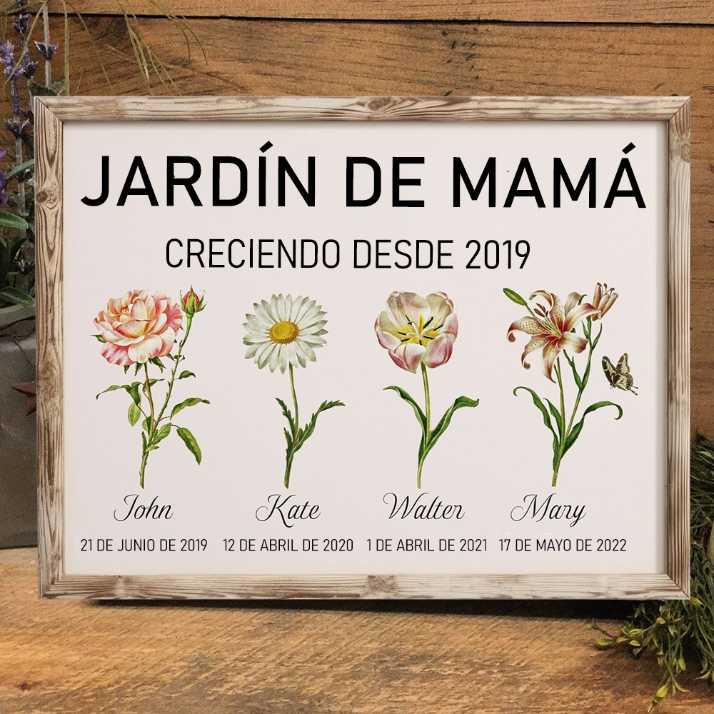 Marco personalizado de acuarela 'El Jardín de la Abuela: El Amor Crece Aquí' con flores de nacimiento, nombres de niños y fecha. Regalo de cumpleaños para mamá o abuela. Regalos de Navidad únicos.