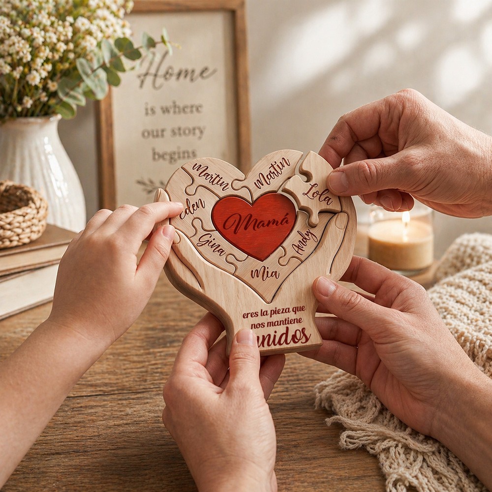 Rompecabezas de madera personalizado para el Día de la Madre, Letrero "Eres la pieza que nos mantiene unidos", Regalo personalizado para mamá de parte de sus hijos, Rompecabezas familiar impreso