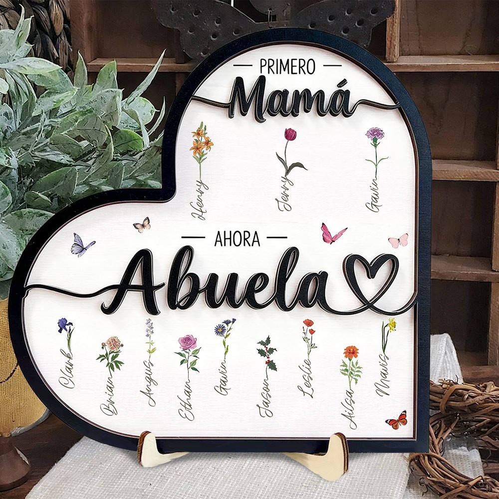 Cartel Personalizado de Madera Enmarcado con Flores de Nacimiento por Mes 'Primero Mamá, Ahora Abuela' para Jardín, con Nombres. Idea de Regalo Único para el Día de la Madre y la Familia.