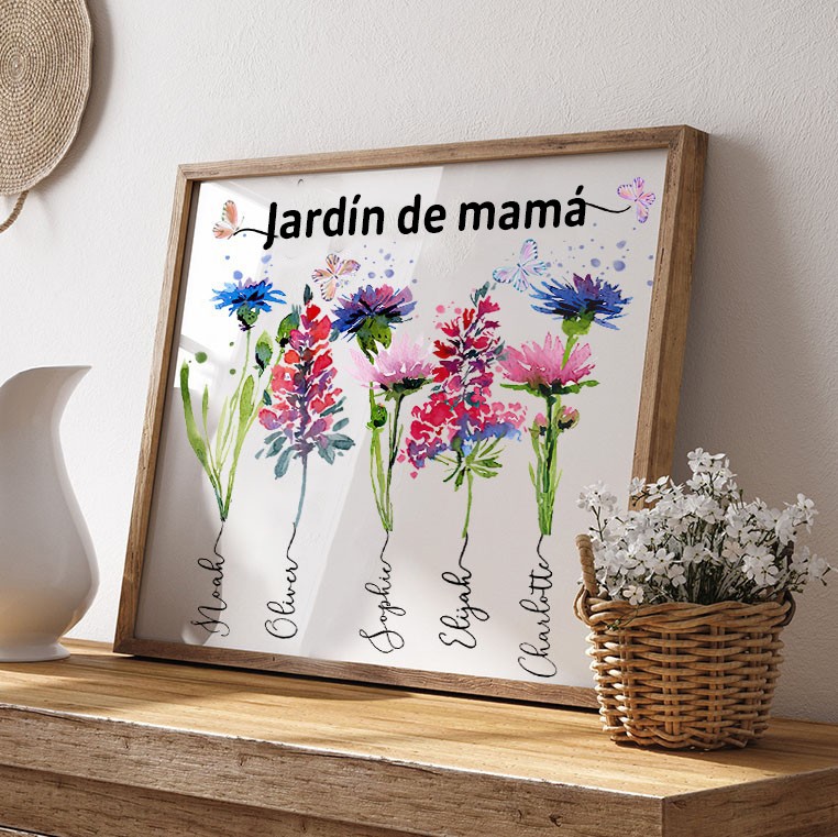 Letrero Personalizado con Marco de Madera "Jardín de Flores de Nacimiento" con Nombres de Niños para Mamá y Abuela - Regalo para el Día de la Madre, Cumpleaños, Navidad