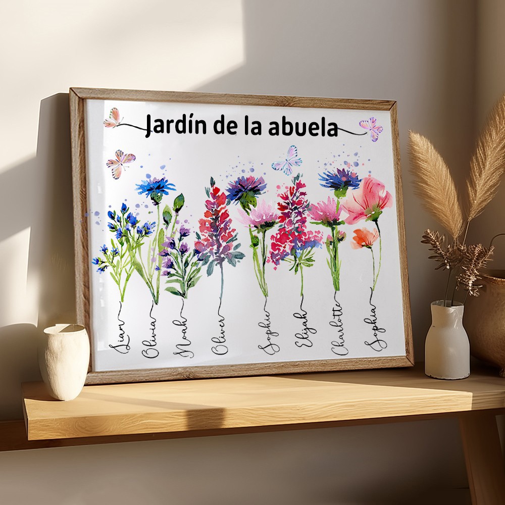 Placa Enmarcada Personalizada con la Flor de Nacimiento para Mamá y Abuela con Nombres de los Nietos, Impresión en Madera "Jardín de la abuela", Regalo Ideal para el Día de la Madre y la Familia.
