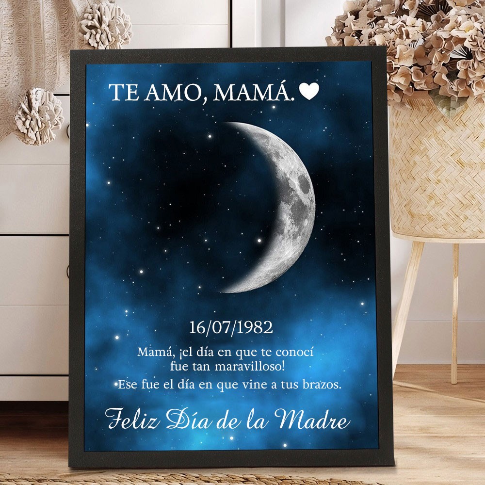Marco de fotos de madera personalizado con la frase "Amo a mi mamá", fase lunar, regalo de cumpleaños para mamá, regalo único para el Día de la Madre, regalo de embarazo para mamá.