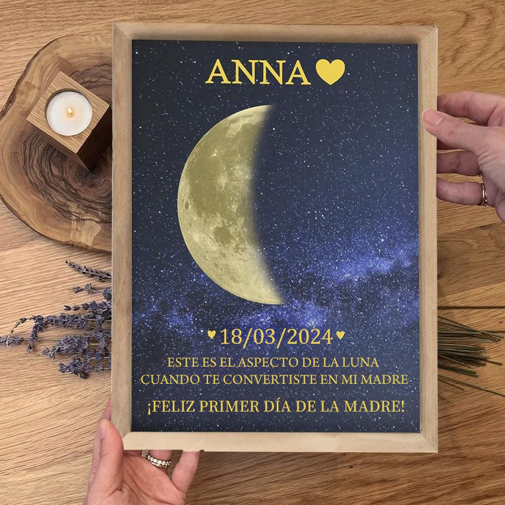 Letrero de madera personalizado con foto de la fase lunar para mamá con fecha. Regalo de cumpleaños único para mamá y abuela. Regalo significativo para el Día de la Madre.