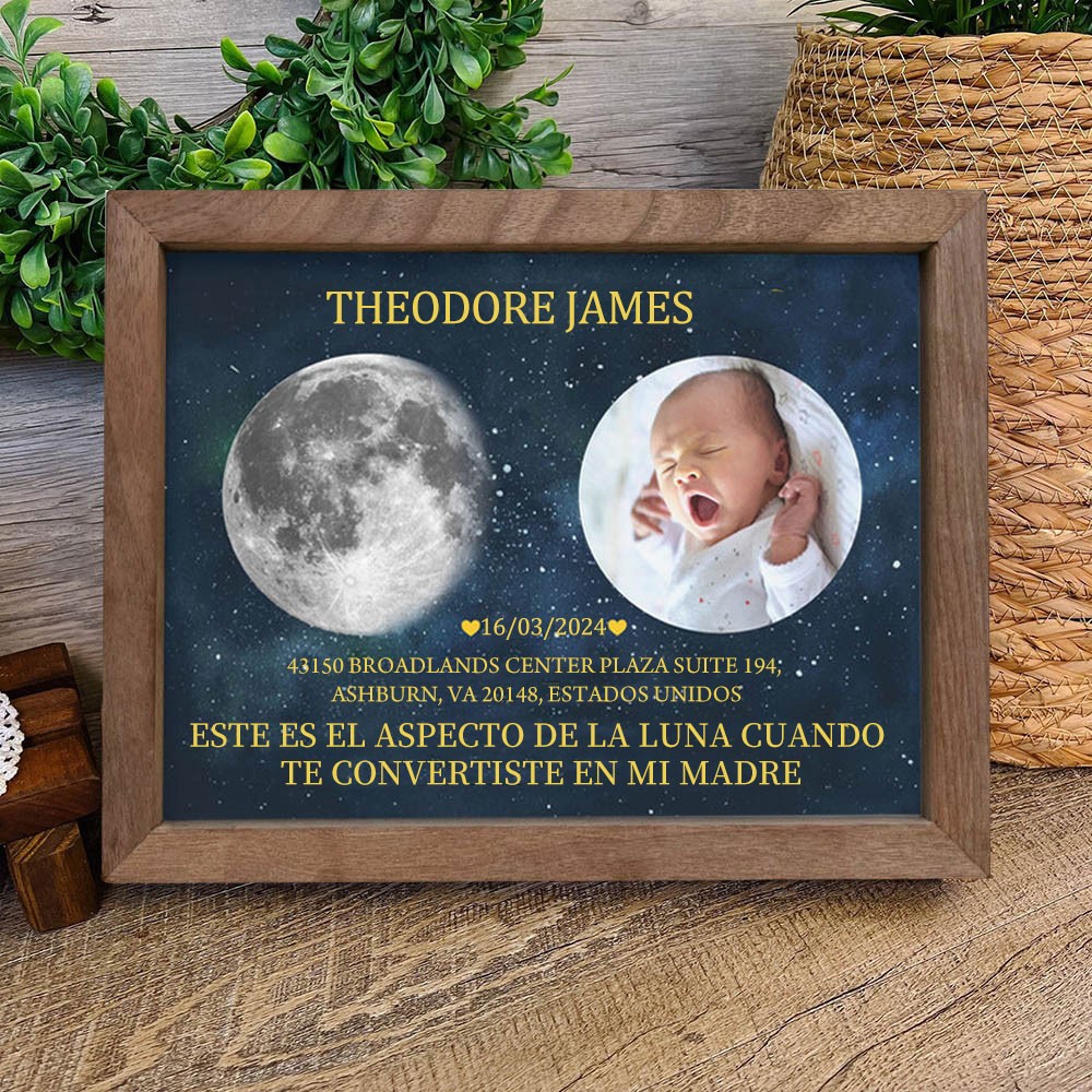 Marco personalizado con impresión de fases lunares, regalo único para mamá primeriza, regalo de cumpleaños para abuela, regalo para el Día de la Madre
