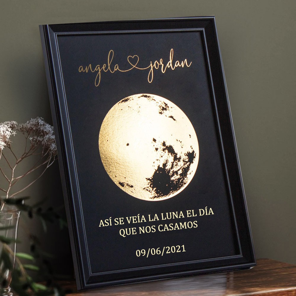 Así se veía la luna el día que nos casamos. Marco de fase lunar personalizado para regalos únicos de aniversario de bodas y San Valentín.