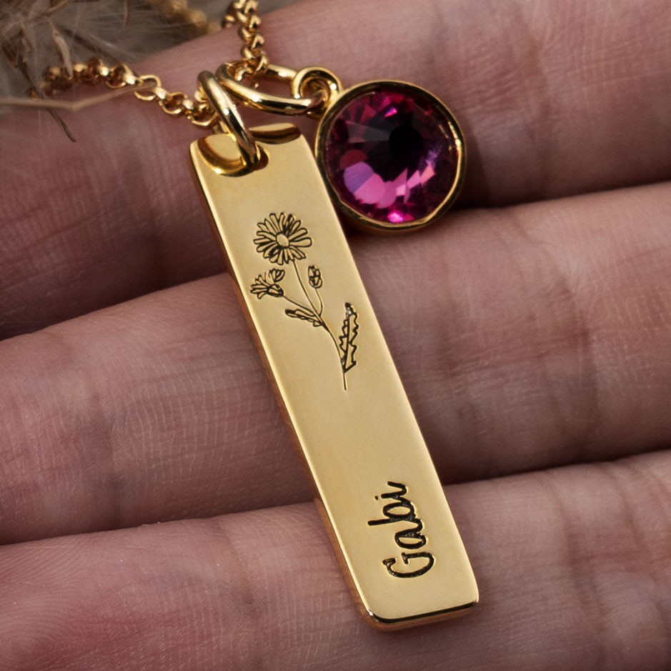 Collar de barra personalizado con piedra de nacimiento, joyería de flores de nacimiento, regalo para mamá, abuela, ideas de regalos para el día de la madre