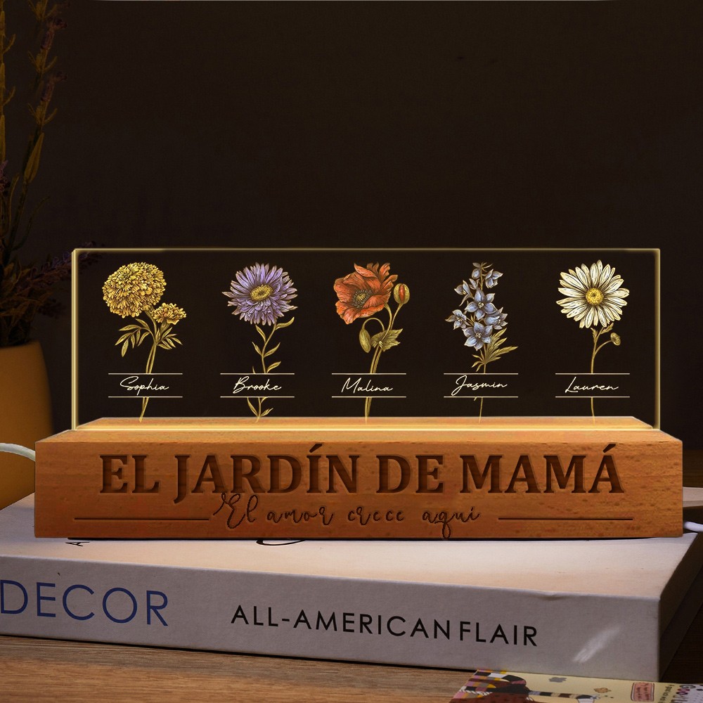 Luz de noche de madera con diseño de flores de nacimiento "El amor crece aquí", regalo de Navidad único para mamá y abuela.