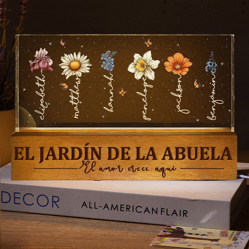 Luz de noche personalizada con diseño de flores de nacimiento "El amor crece aquí", regalo de Navidad, regalo único para mamá y abuela.