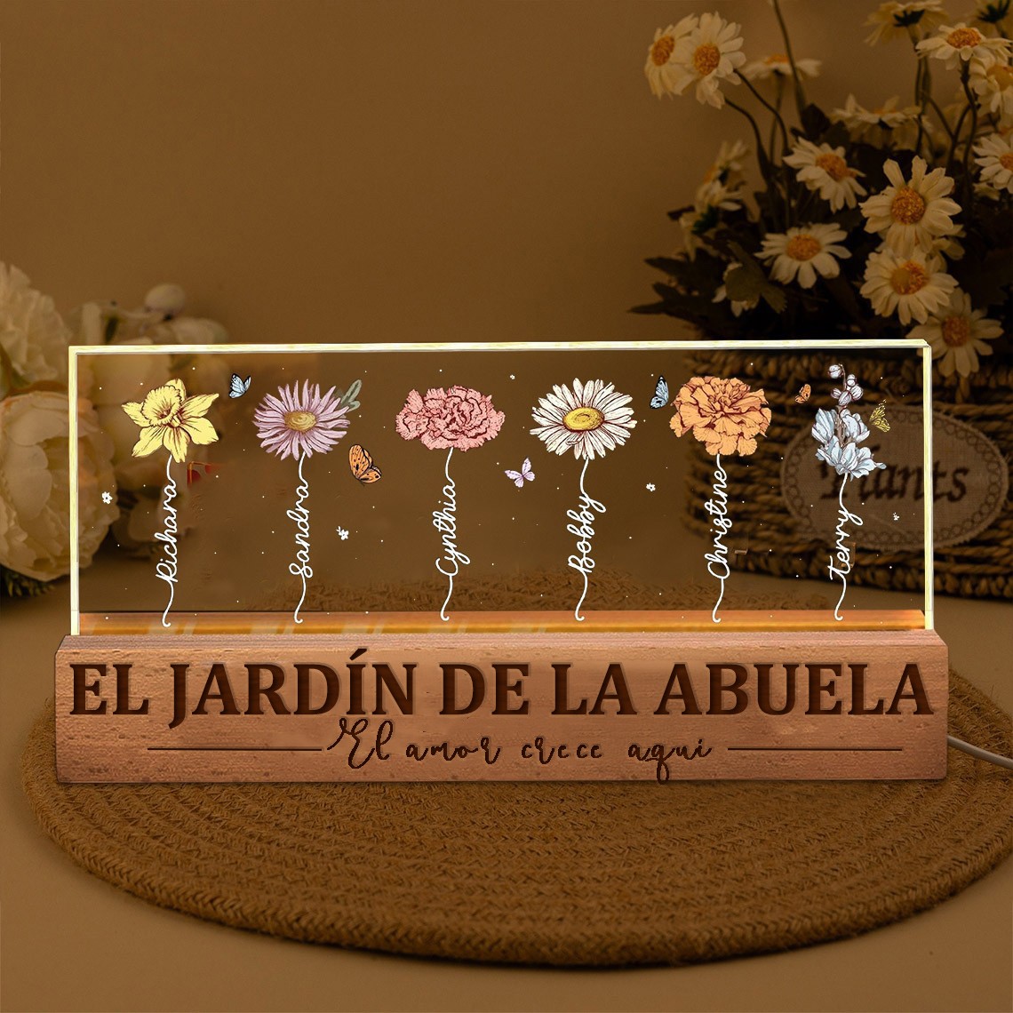 Luz de noche de madera con diseño de flores de nacimiento "El amor crece aquí", regalo único para mamá, abuela y el Día de la Madre.
