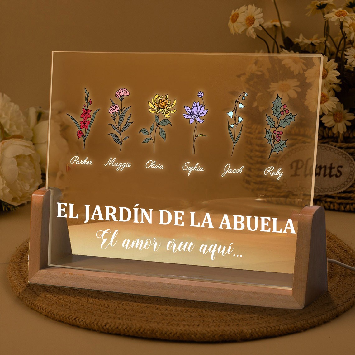 Luz de noche con flores de nacimiento en el jardín de la abuela con nombres de niños. Regalos personalizados para la abuela. Ideas de regalo para el Día de la Madre.