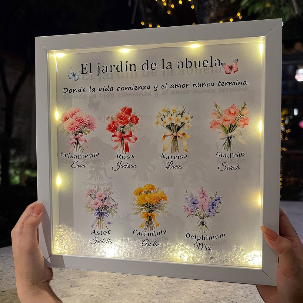 Marco de luz nocturna con diseño de flores personalizado para el mes de nacimiento de la abuela, con nombres de niños, para el Día de la Madre.