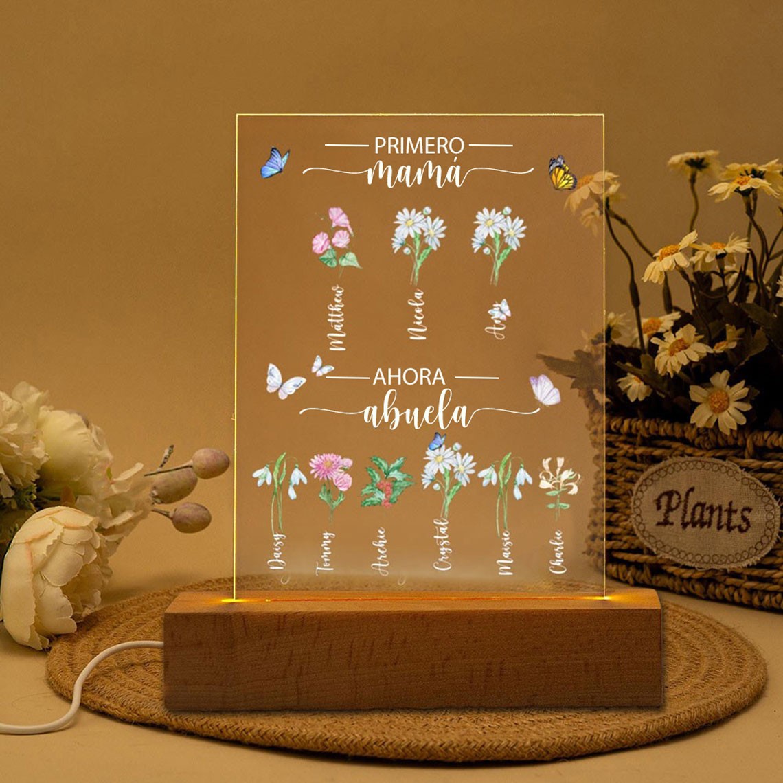 Luz de noche con flores personalizada para mamá y abuela, regalo único para mamá y niñera, ideas para regalos del Día de la Madre, ideas para regalos de cumpleaños