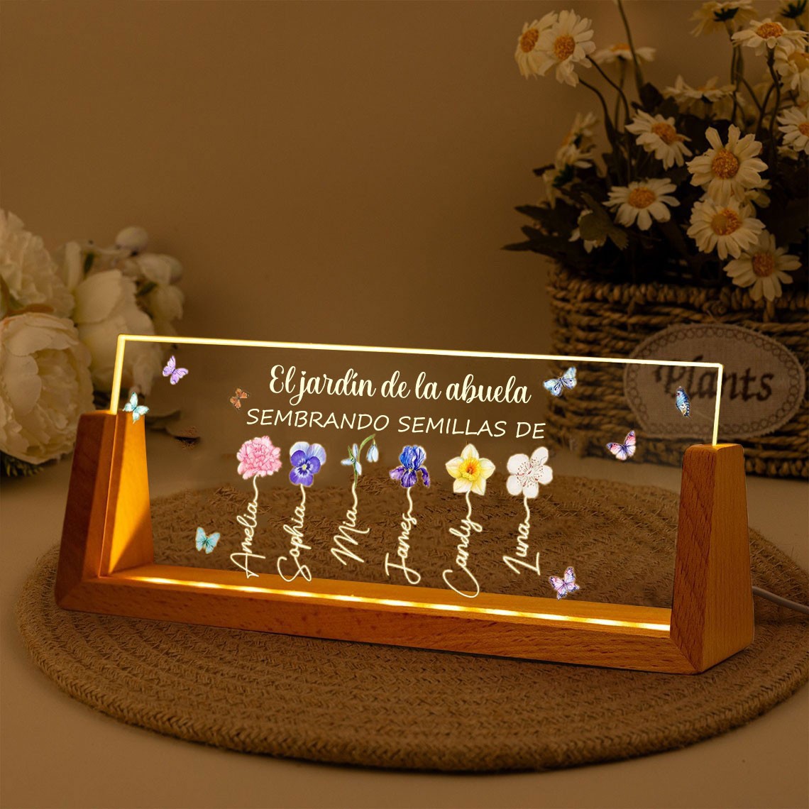 Luz de noche con flores para el mes de nacimiento del jardín de la abuela con nombres de niños, regalos personalizados para la abuela, mamá, regalo del Día de la Madre