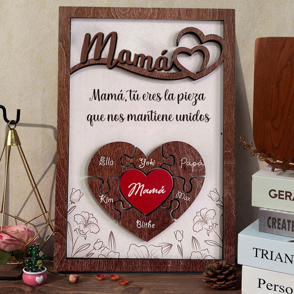 Letrero de madera personalizado con forma de pieza de rompecabezas para mamá con nombres de niños. Ideas de regalo para mamá. Regalo para mamá primeriza. Regalos para el Día de la Madre.