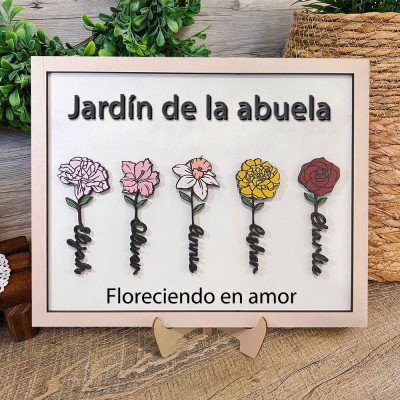 Marco de fotos personalizado 'Jardín de la Abuela' con flores de nacimiento y nombres de los nietos – Regalo único y recuerdo para mamá, abuela, regalo del Día de la Madre.