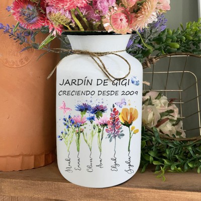Jarrón familiar personalizado con flores de nacimiento "El jardín de Gigi" con los nombres de los niños, regalos únicos para baby shower, regalo de cumpleaños para mamá, abuela, regalos para el Día de la Madre