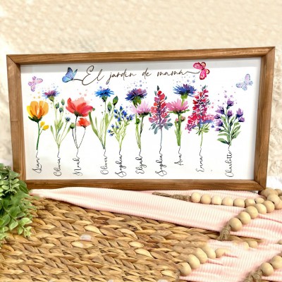 Letrero familiar personalizado con arte del jardín de mamá impreso con flores y nombres de nacimiento de niños, regalos de cumpleaños únicos para mamá, regalos enmarcados de madera para abuela, ideas de regalos para el día de la madre