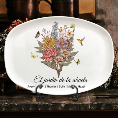 Impresión personalizada de ramo familiar, plato de jardín de la abuela con nombres de niños y flores de nacimiento, regalos artísticos únicos de cumpleaños para mamá, abuela, ideas de regalos para el día de la madre