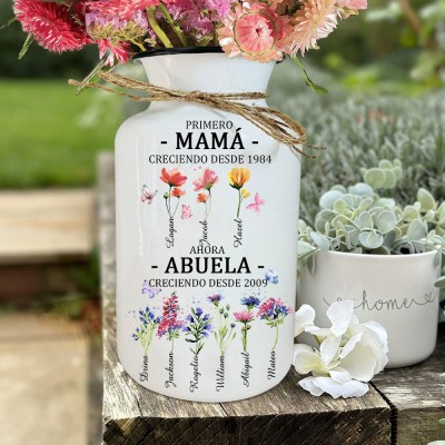 Impresión artística personalizada "Primera mamá ahora abuela", florero familiar con nombres de niños, regalo de cumpleaños único para mamá, abuela, ideas de regalo para el Día de la Madre
