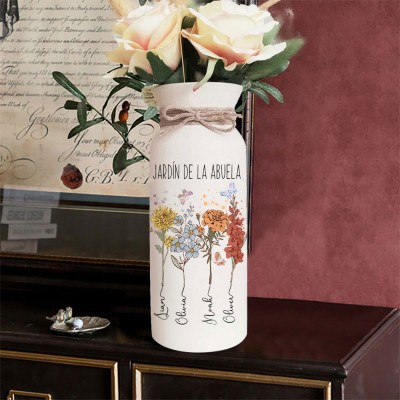 Jarrón familiar personalizado con acuarela de flores de nacimiento para el jardín de la abuela, con los nombres de los nietos. Regalo único para el jardín de la abuela, ideas de regalo para el Día de la Madre.