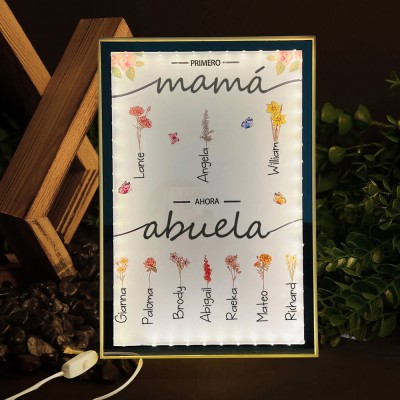 Impresión floral personalizada de nacimiento 'Primera mamá, ahora abuela' con nombres de niños, lámpara personalizada, regalo de cumpleaños para mamá y abuela, idea de regalo única para el Día de la Madre