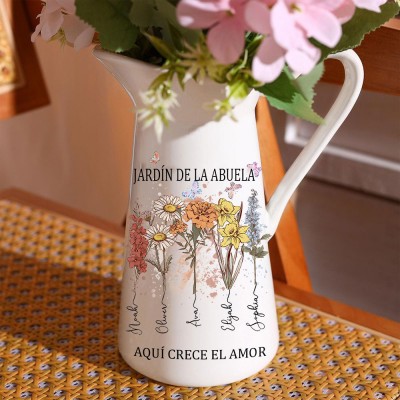 Jarrón de flores personalizado con acuarela para el mes de nacimiento de la abuela con los nombres de los nietos. Mini regalo familiar único para mamá, abuela, ideas de regalo para el Día de la Madre.