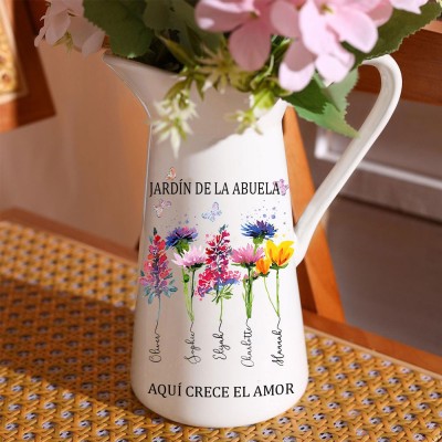 Jarrón familiar personalizado con flores de nacimiento para el jardín de la abuela, con los nombres de los nietos. Regalos únicos de recuerdo de cumpleaños para mamá, abuela e ideas de regalo para el Día de la Madre.