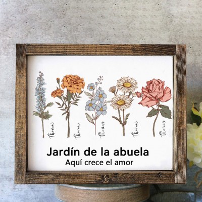 Marco de Madera Personalizado con Flor de Nacimiento del Mes y Nombres de los Niños – Cartel Familiar, Regalo Único para Mamá, Abuela, Día de la Madre, Madera.