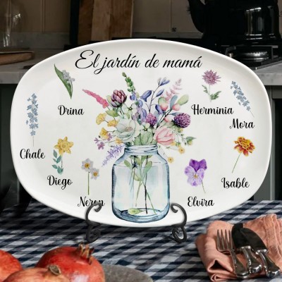 Plato personalizado con estampado de flores para el mes de nacimiento del jardín de la madre con nombres de nietos, regalo de arte familiar, regalo de cumpleaños único para mamá, abuela, ideas de regalo para el día de la madre